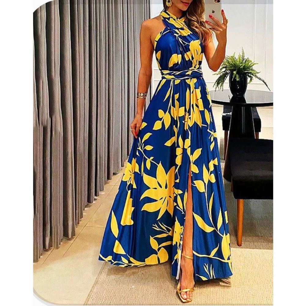 Gorgeous halter-neck front slit floral maxi dress S